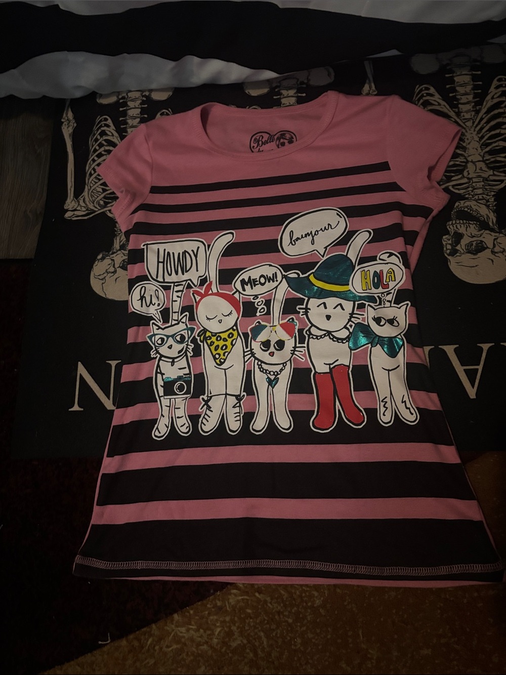 Belle Du Jour Pink and Black Striped XS Tee with Cat Graphic